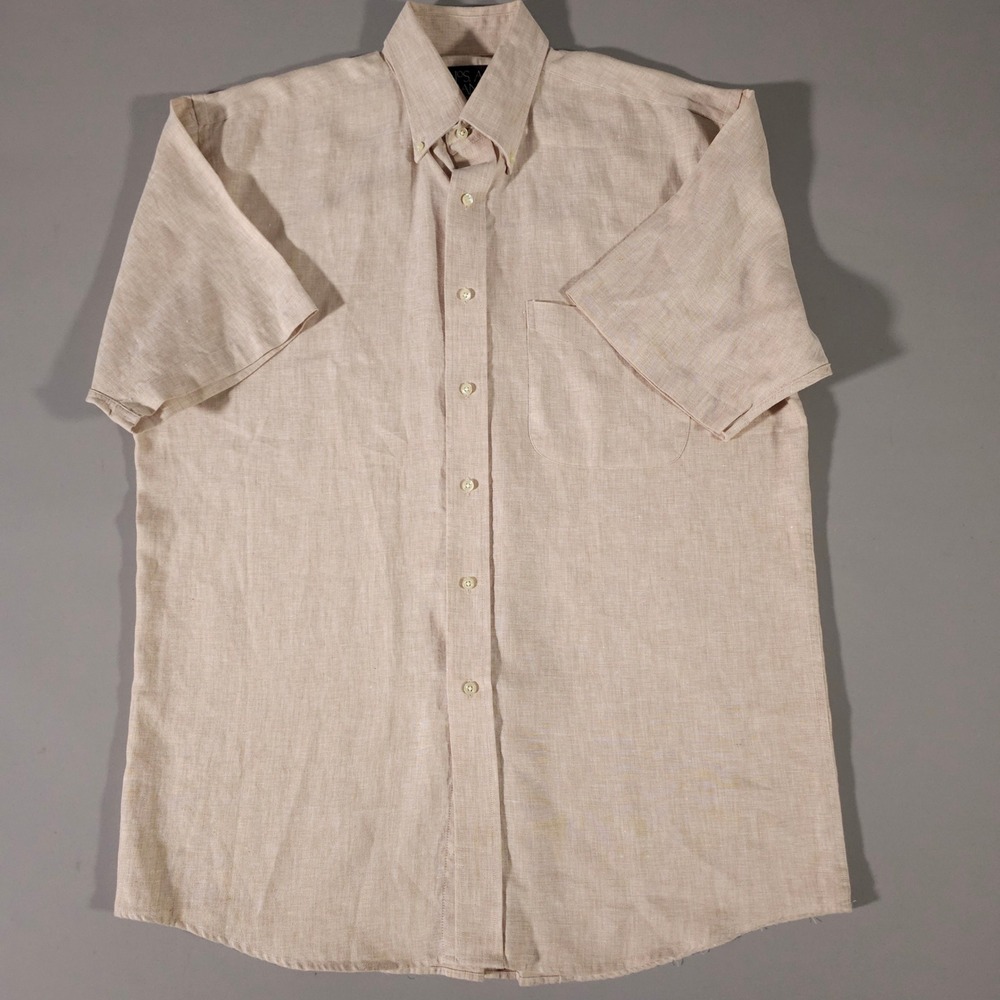 Jos. A. Bank Button Down Shirt Mens M Tan 100% Linen Short Sleeve Traveler's